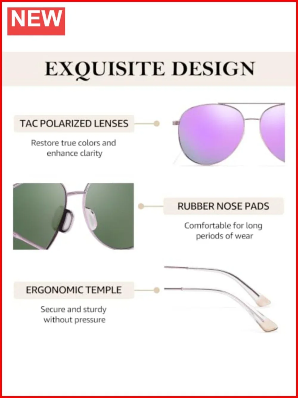 Polarized Tangle Free Aviator Sunglasses UV400 Protection Metal Frame No-Snag